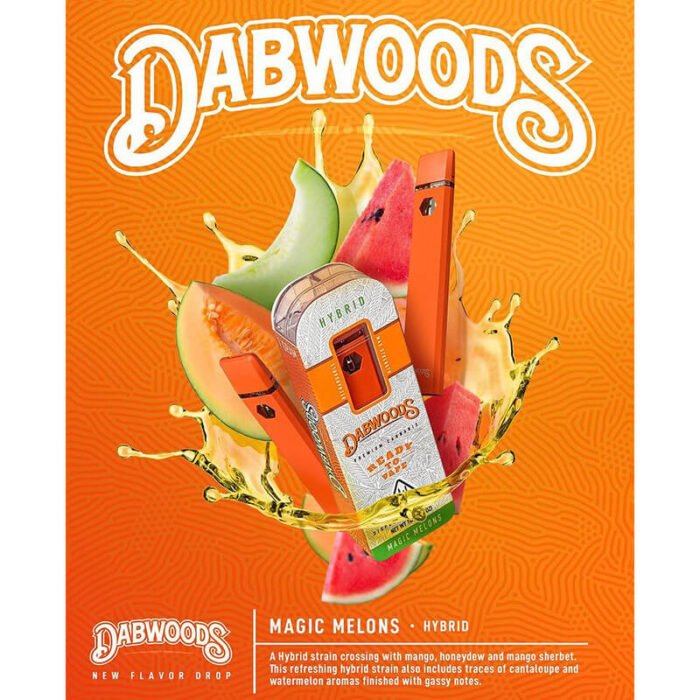 Dabwoods Magic Melons disposable vape pen featuring hybrid strain packaging with tropical melon flavor notes, available online in Australia